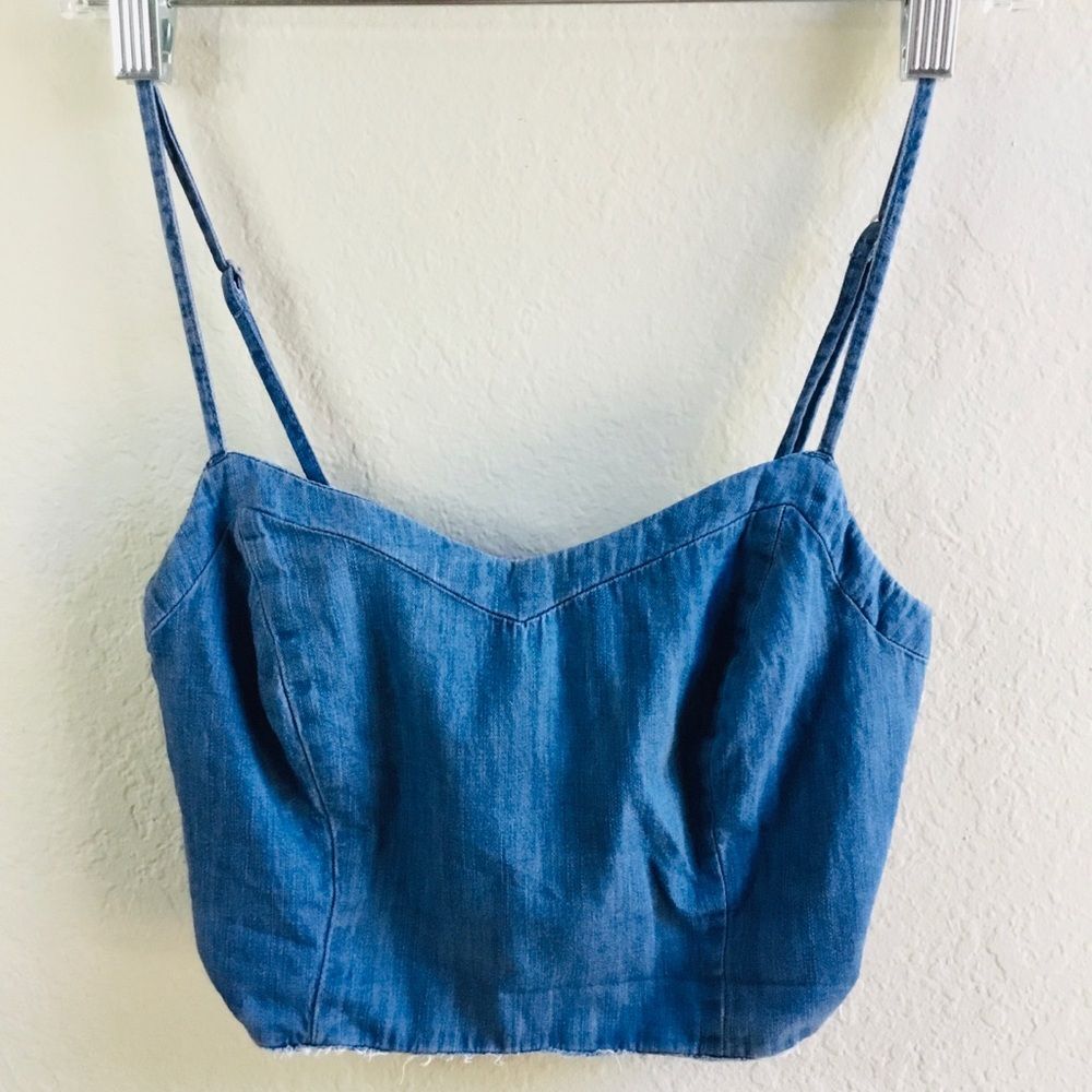 So denim top spaghetti straps cut out in back stretchy raunched elastic western